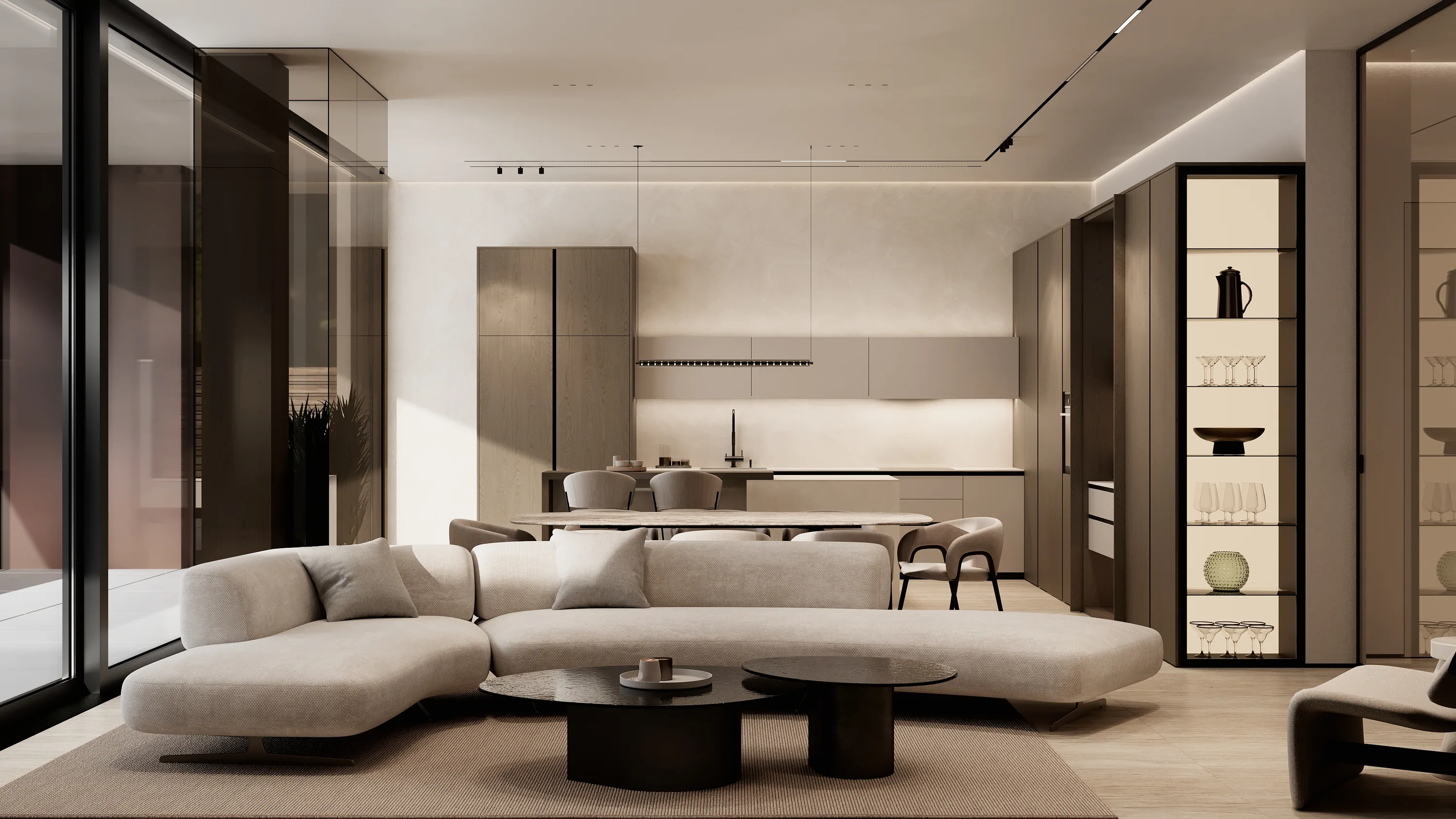Living contemporan cu bucătărie integrată, finisaje calde și mobilier personalizat